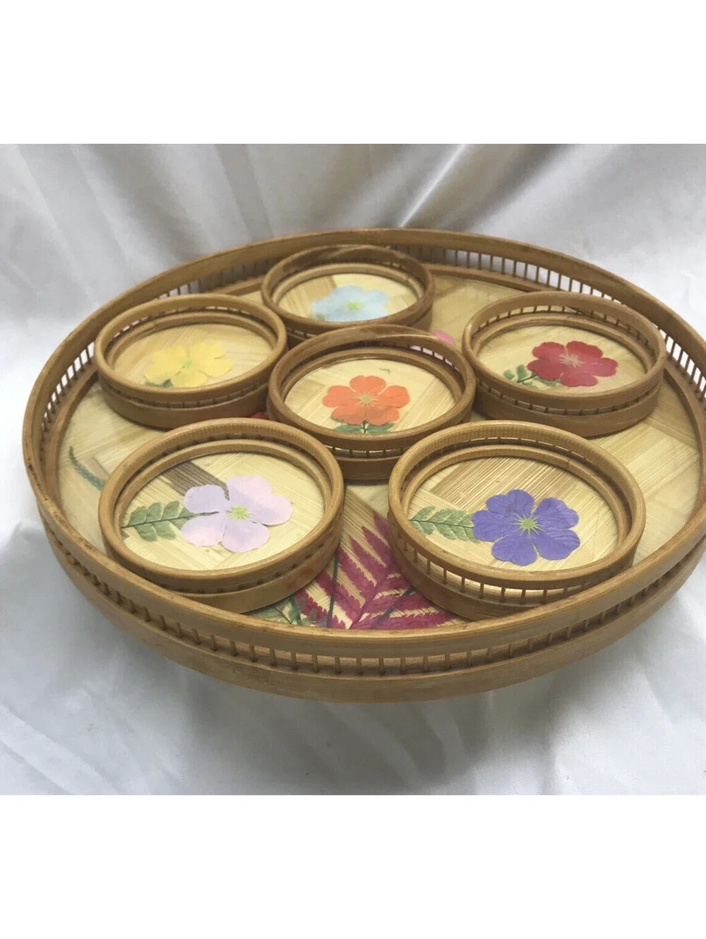 Vtg Bamboo Flowers Tray And Coasters 7 Pc Set Floral Tiki Bar Serving Platter